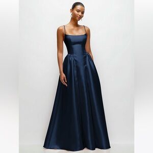 new Dessy Collection Jillian basque waist satin twill gown in midnight navy